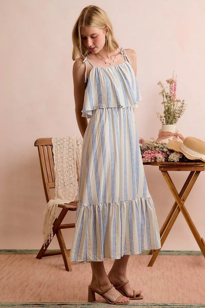 Blue and white vertical stripe midi dress with tiered ruffle straps and layered skirt