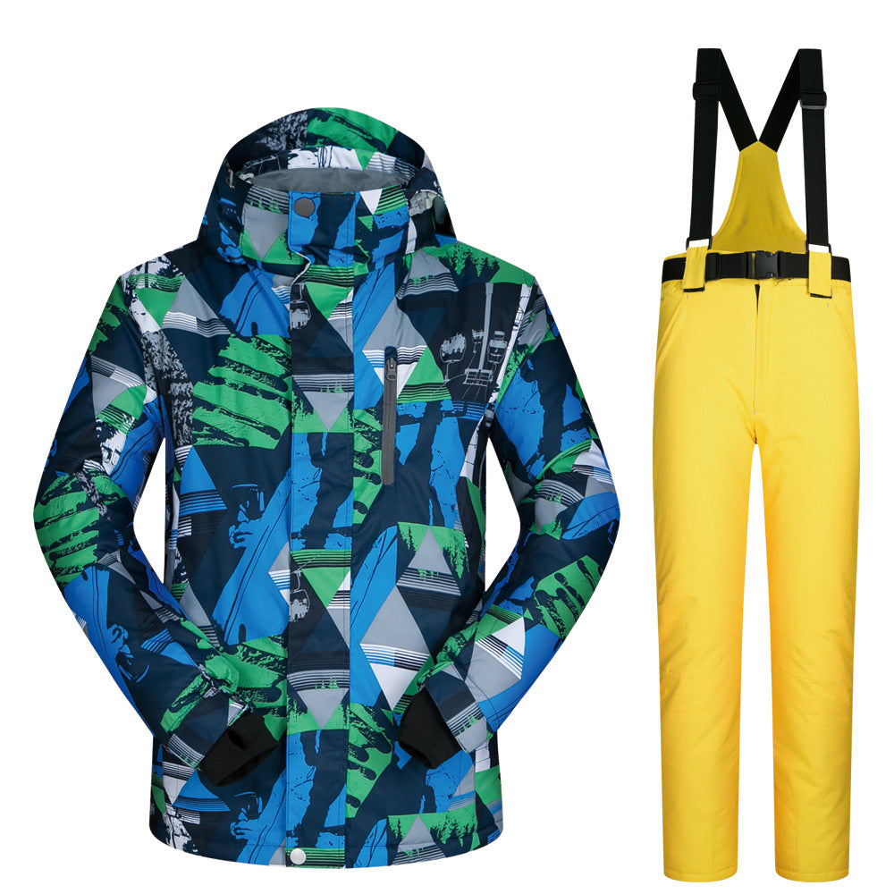 Men's blue-green geometric ski jacket with yellow bib snow pants, full zip and hood