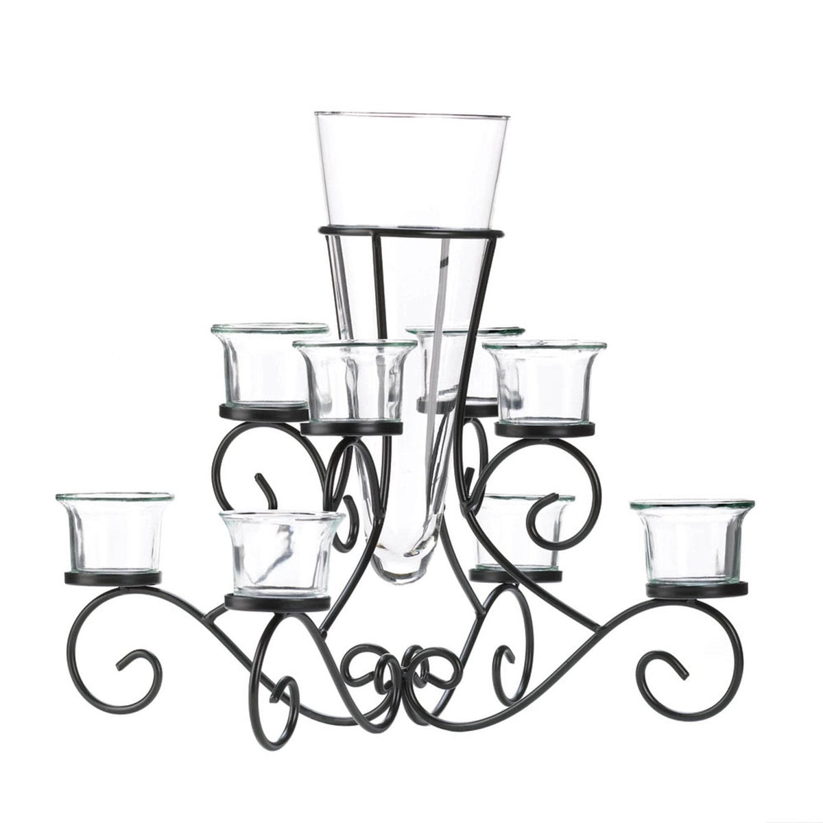 Black scrollwork metal candle stand with central glass vase and five clear glass holders
