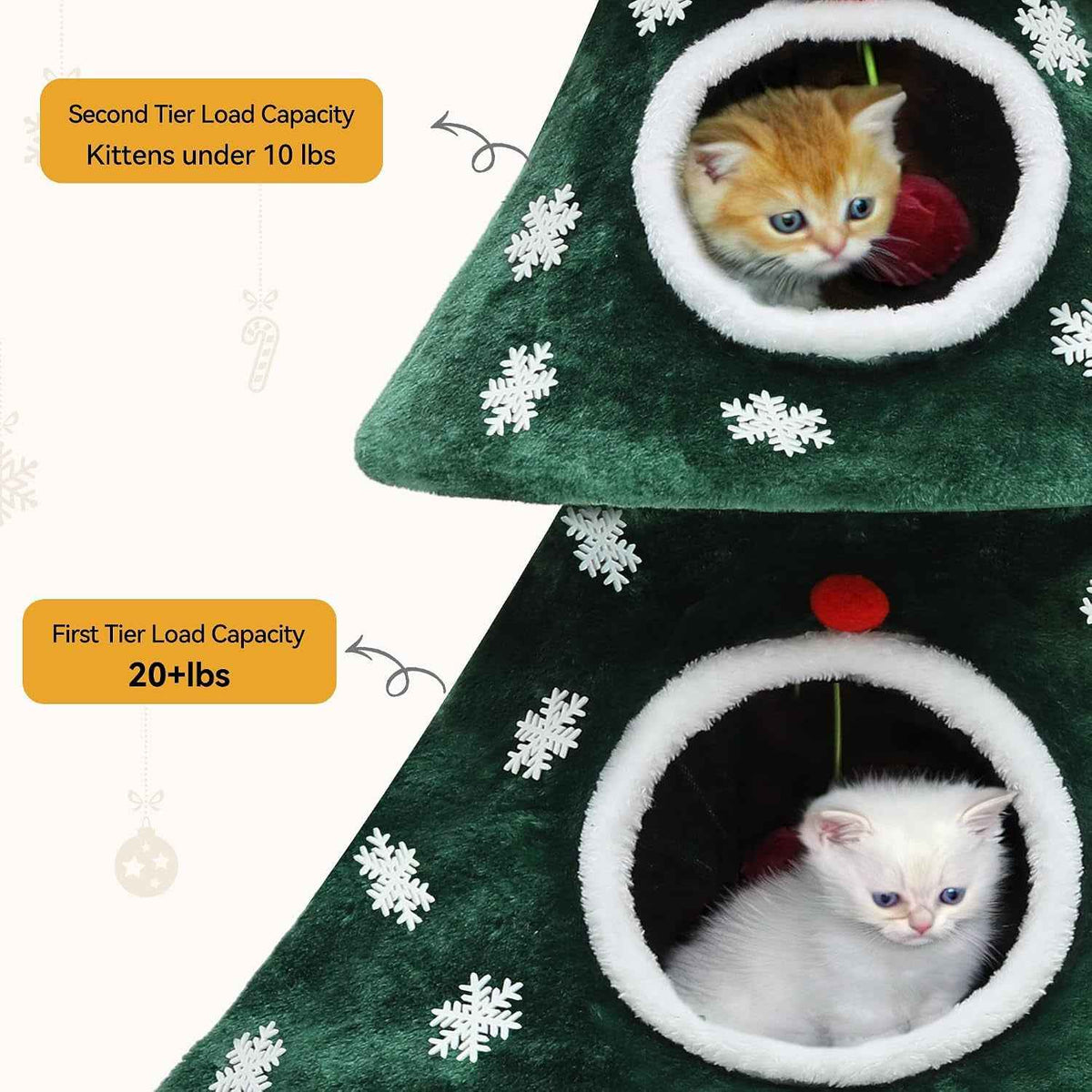 Green cat tower tiers with white-trimmed openings, snowflake accents, and kittens inside
