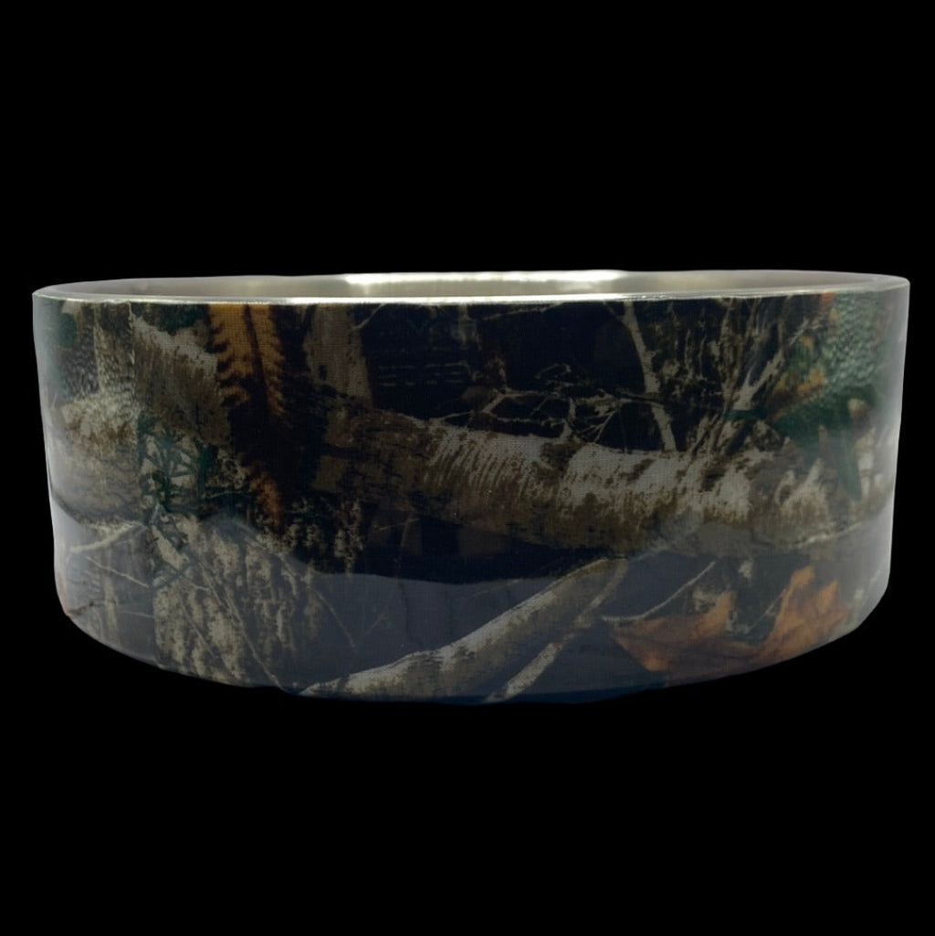 Camo-pattern stainless steel dog bowl, wide shallow 64 oz dish.
