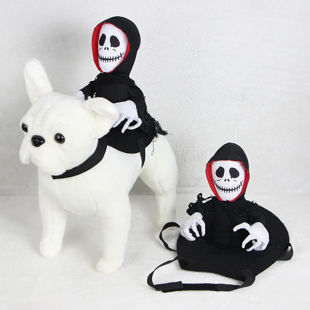 Black skull-hood pet costume on white plush rabbit, red-lined hood