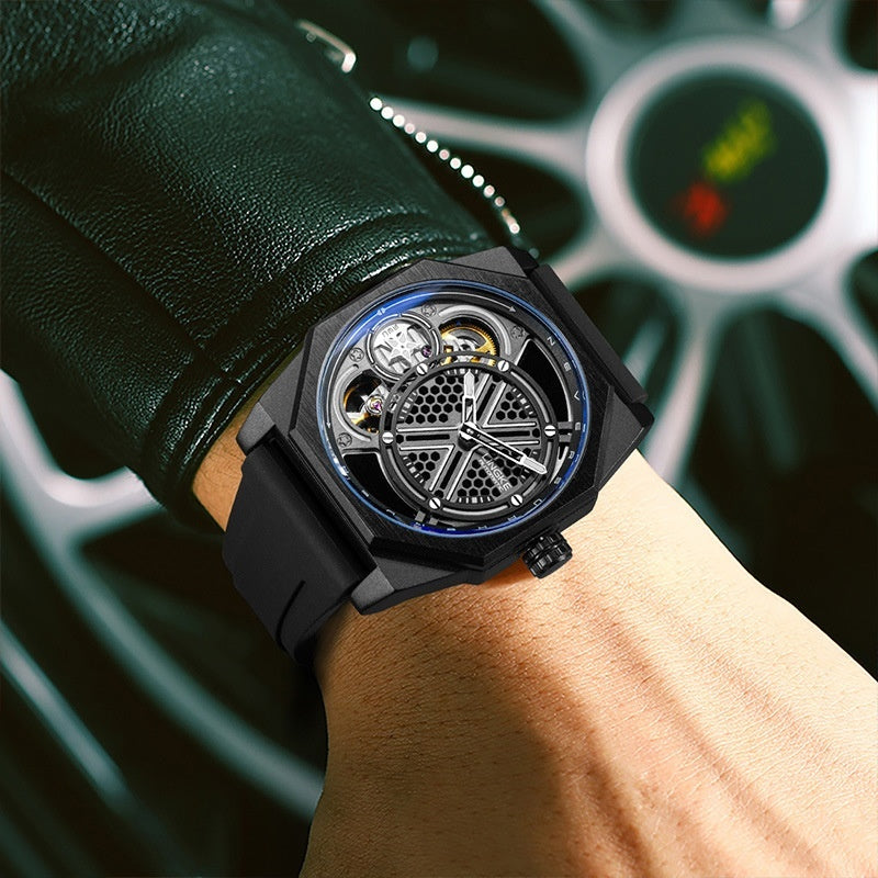 Black tonneau skeleton quartz wristwatch on dark leather strap, exposed dial details