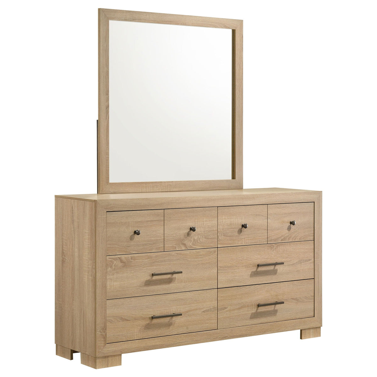 Light oak bedroom dresser with mirror, six drawers with black knobs and bar pulls