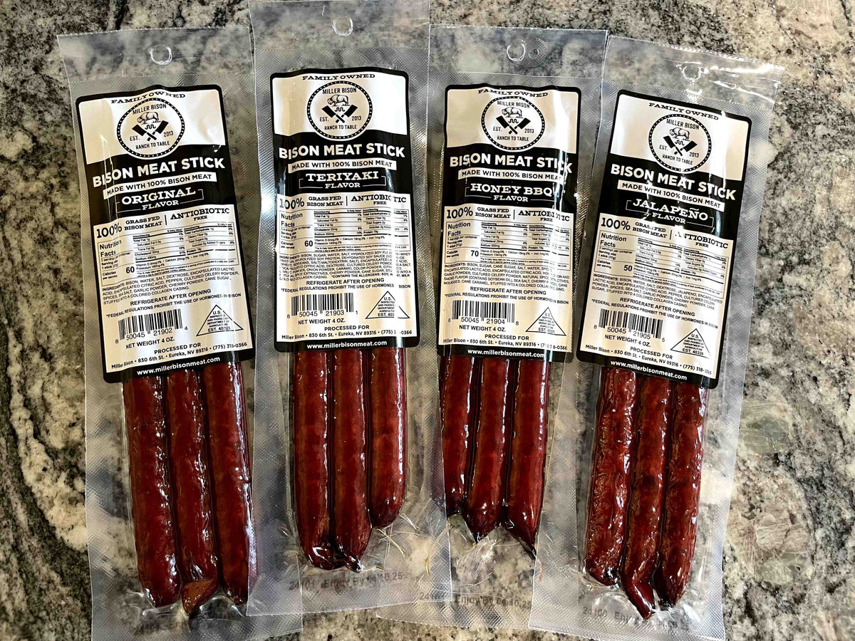 Assorted bison meat stick packs with four flavor varieties