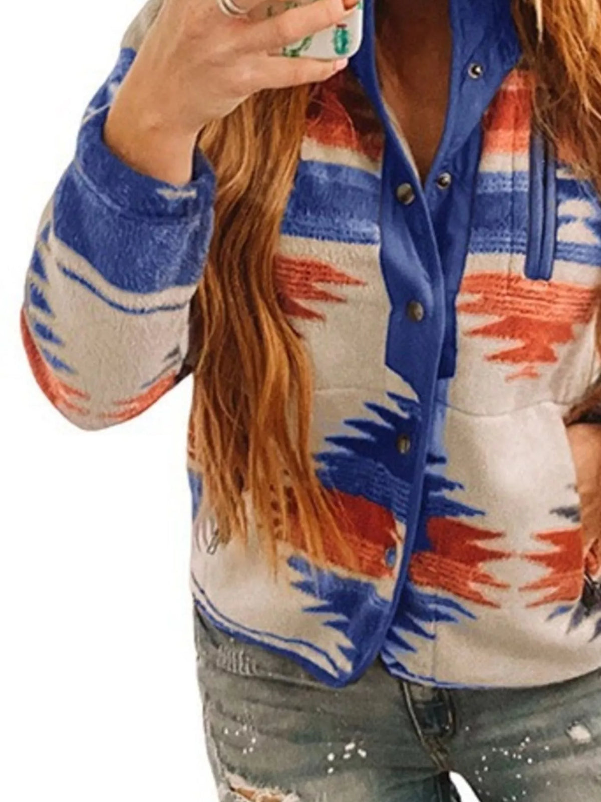 Geometric snap-down jacket blue version, front close-up with dark snap placket