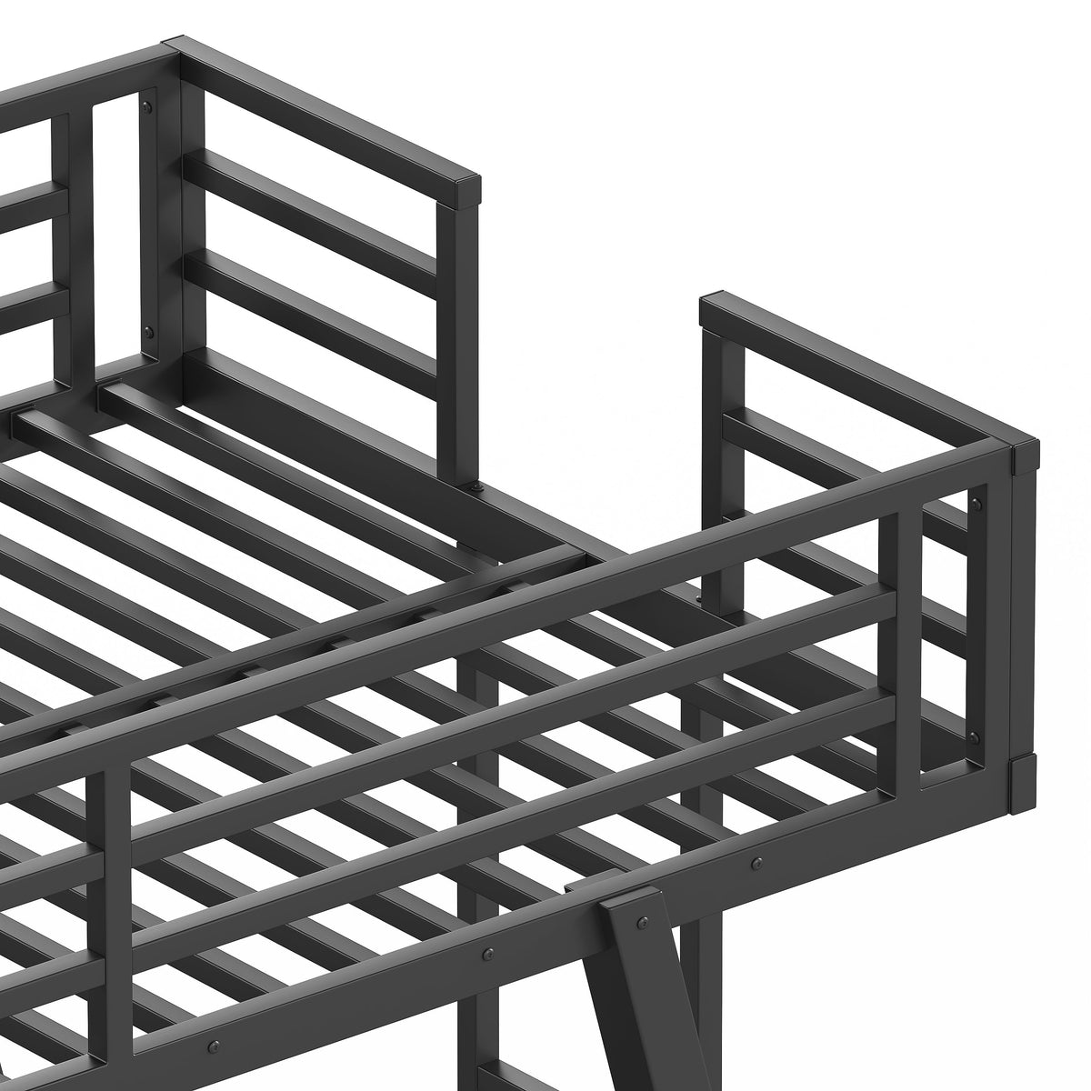 Close-up of black metal bunk bed upper frame, guardrails and slatted platform
