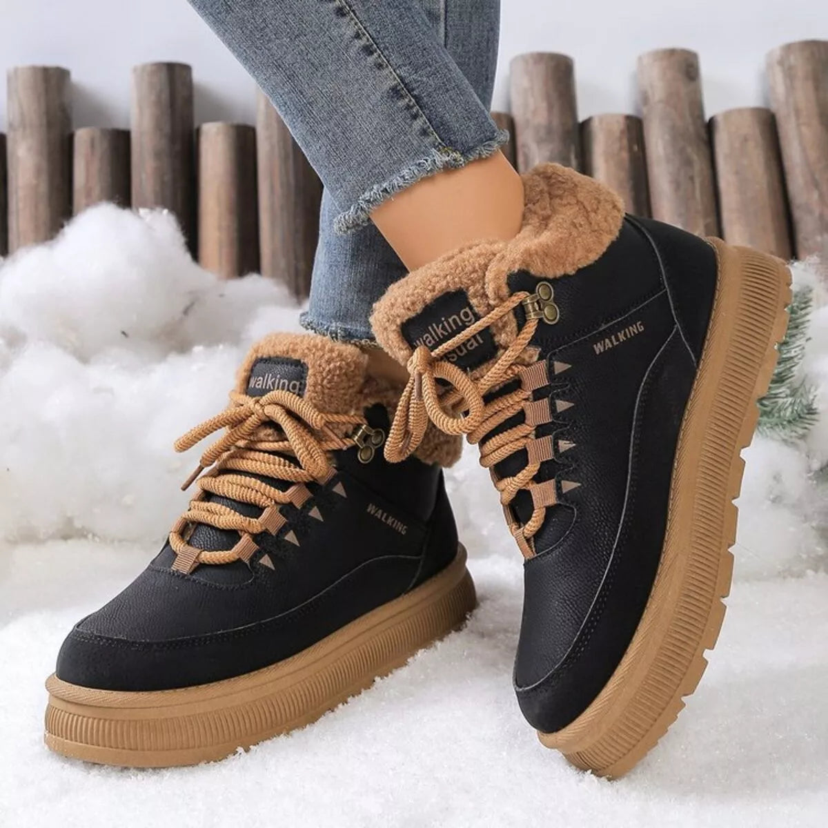 Black lace-up platform ankle boots with tan faux-fur collar and side stripe detail