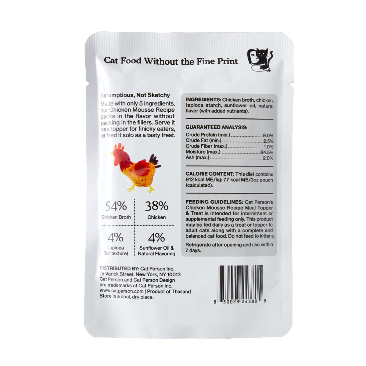 Cat Person chicken mousse treat pouch back with ingredients panel and barcode