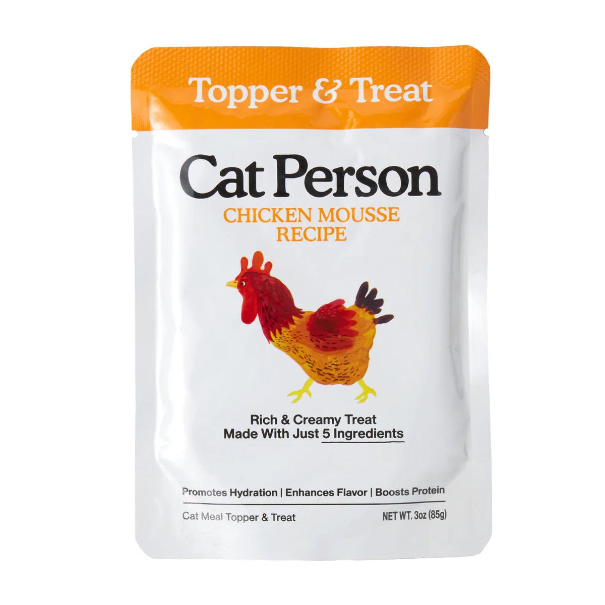 Cat Person chicken mousse treat pouch with orange cap and rooster graphic