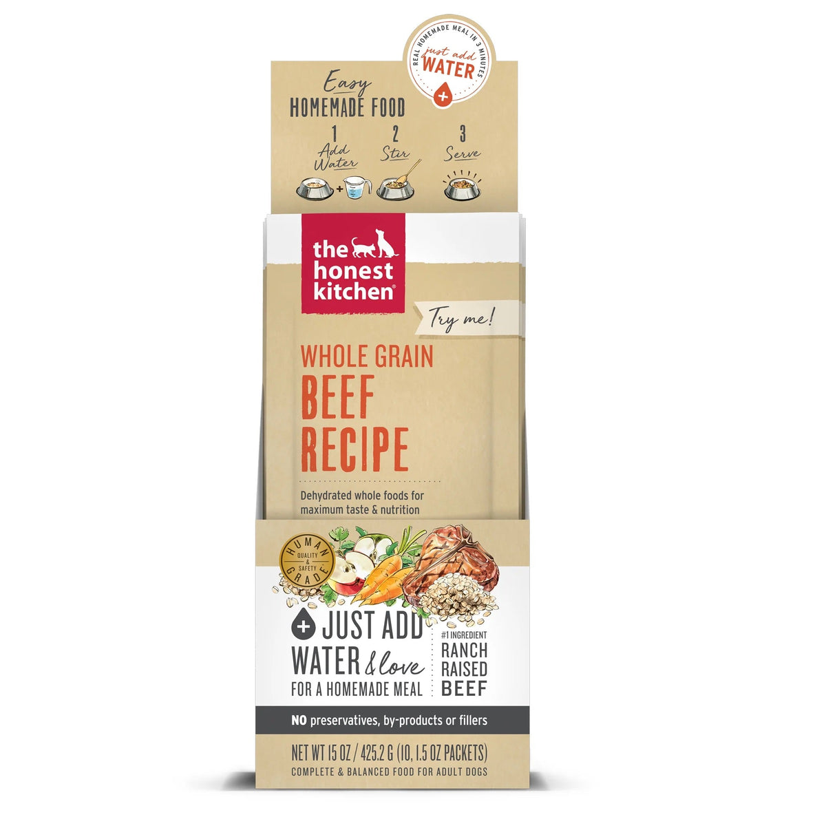 Dehydrated beef dog food package, whole grain recipe, just add water