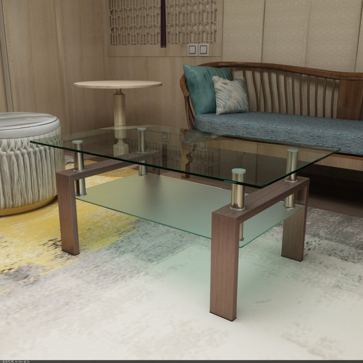 Walnut-finish rectangular glass coffee table with clear tabletop and four corner legs
