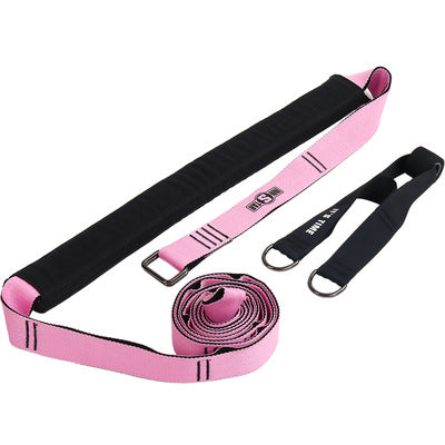 Black and pink yoga stretch band with black straps and metal buckles, rolled