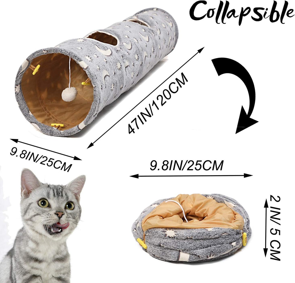 Collapsible gray cat tunnel shown open and folded, with dimensions and plush ball toy