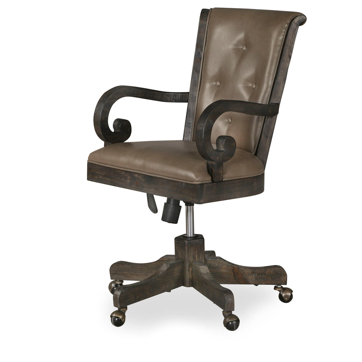 Fully upholstered desk chair with curved arms and tufted back, brown leather-look