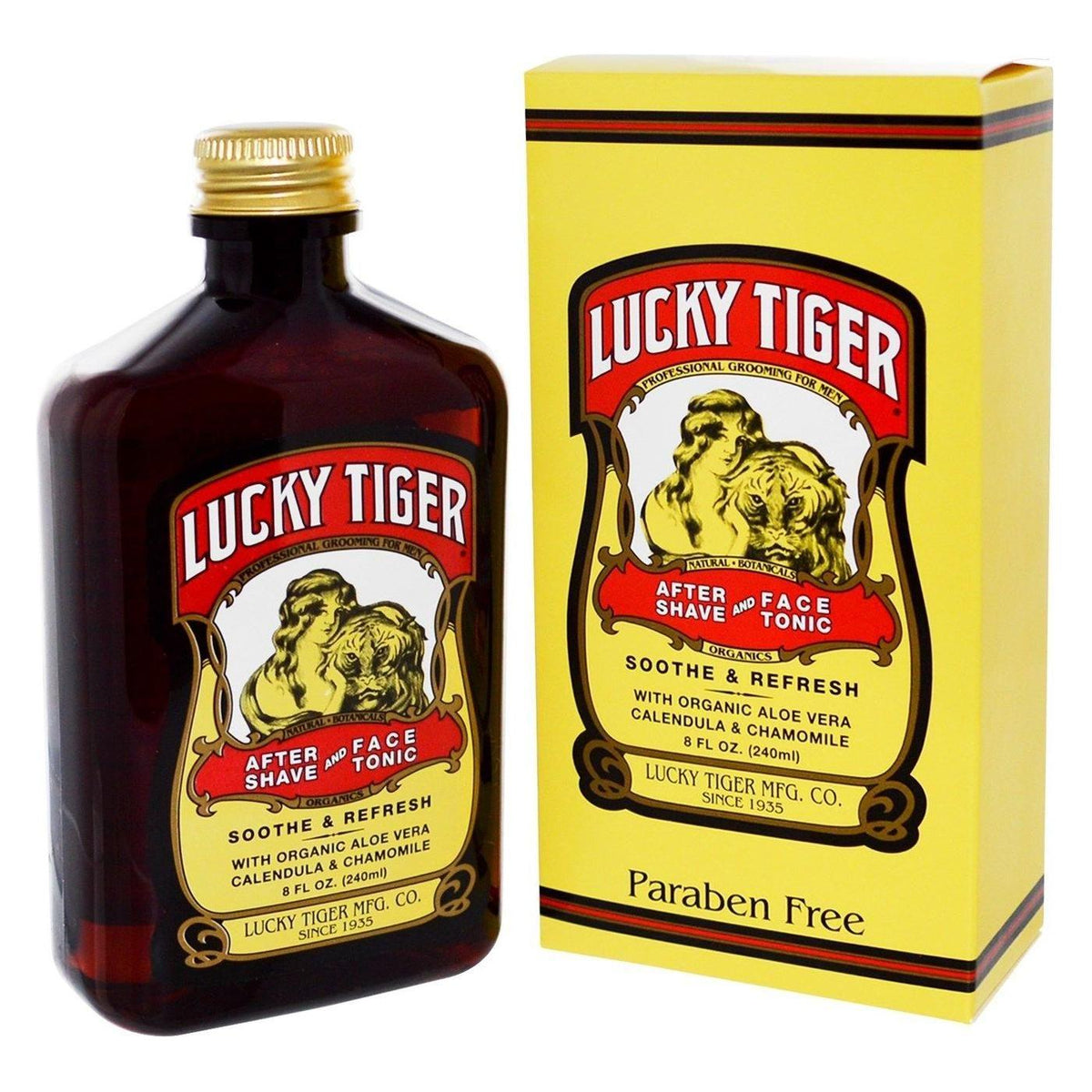 After shave and face tonic bottle with dark amber liquid and matching yellow carton