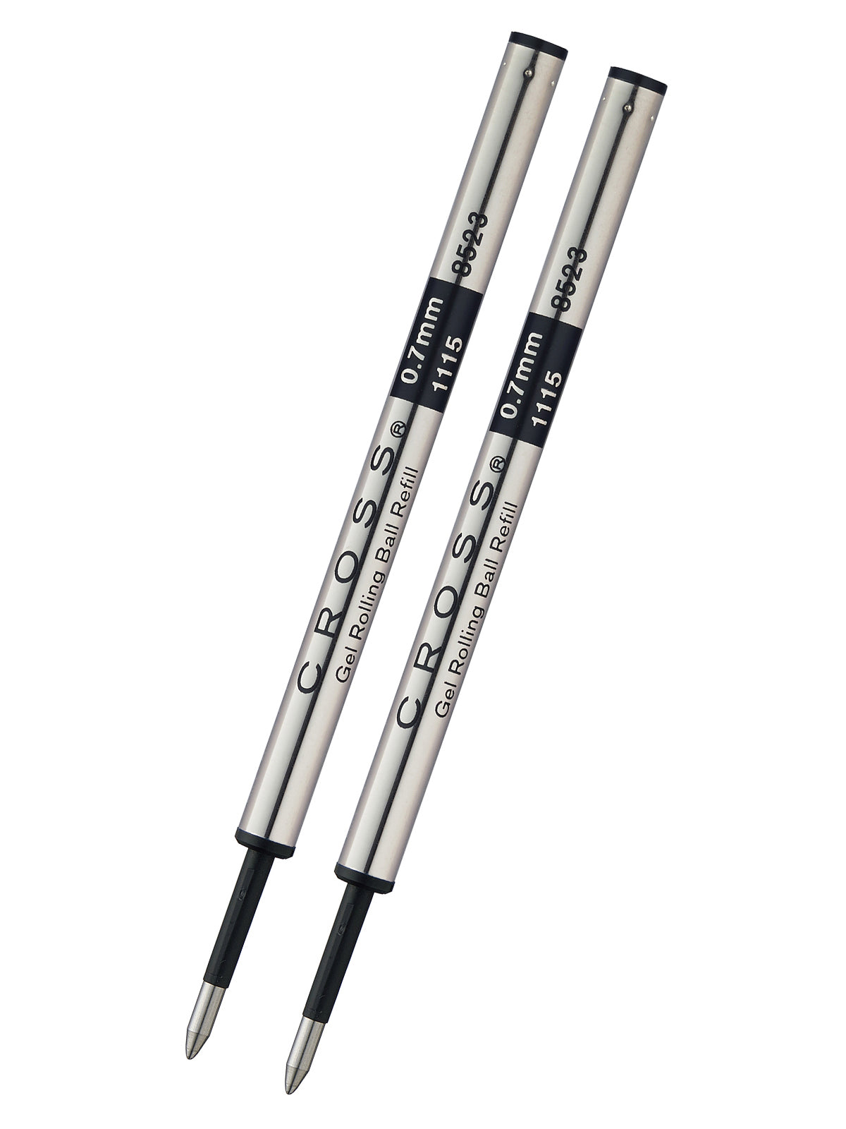 Gel rollerball pen refills, black ink, medium tip; two silver cartridges with metal ends