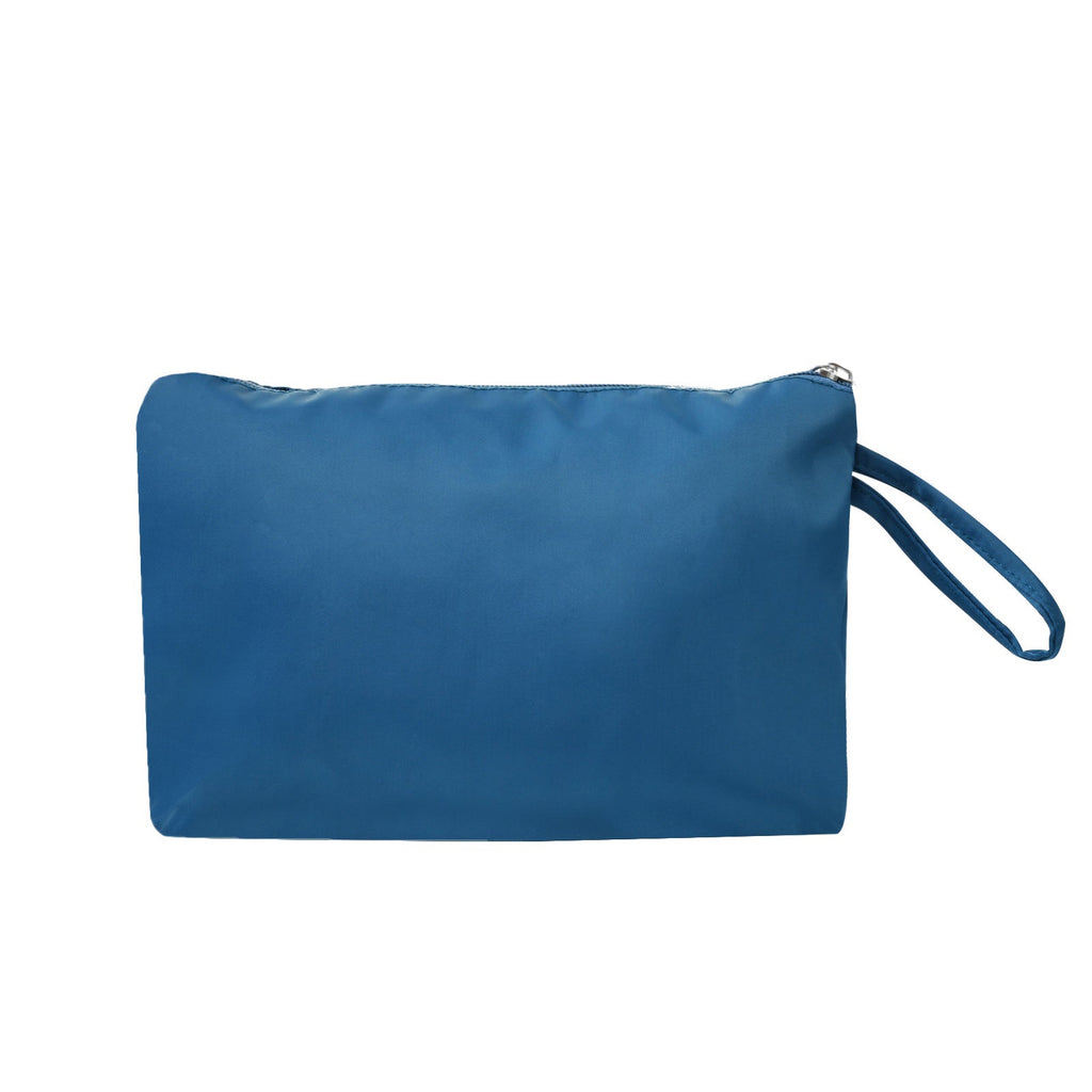 Blue zip pouch with black wrist strap