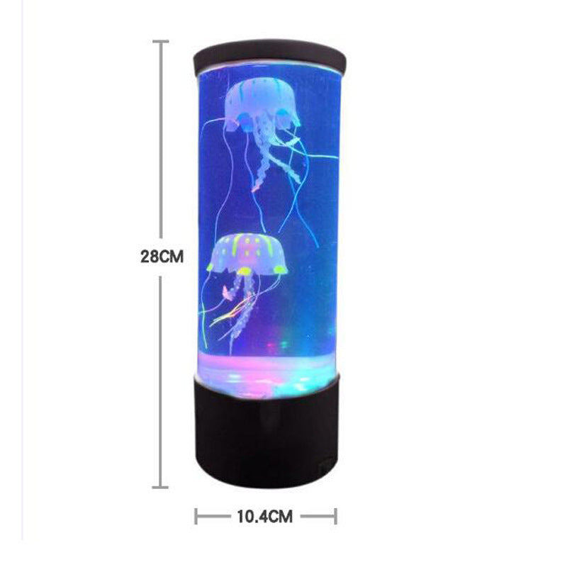 LED jellyfish aquarium night light with blue jellyfish glow, black base (size diagram)
