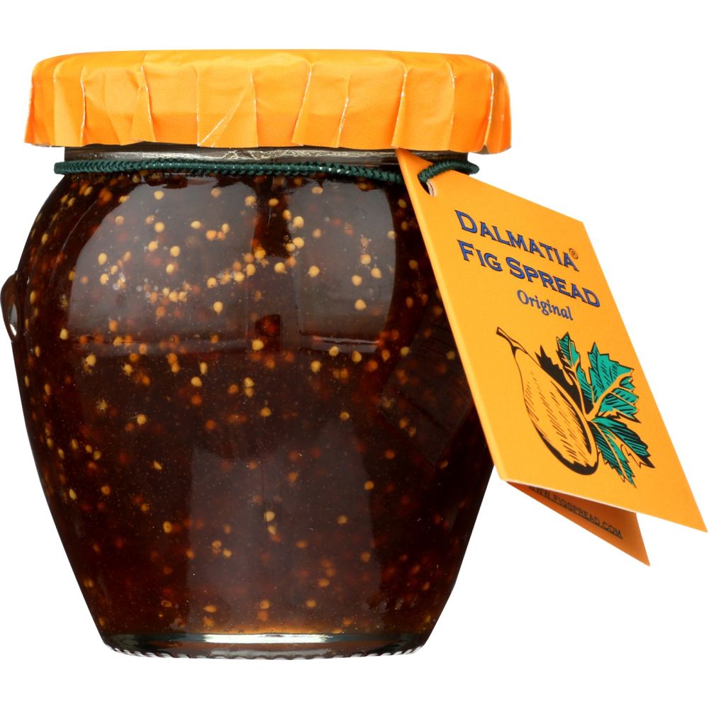 Fig spread in glass jar with orange lid and DALMATIA label