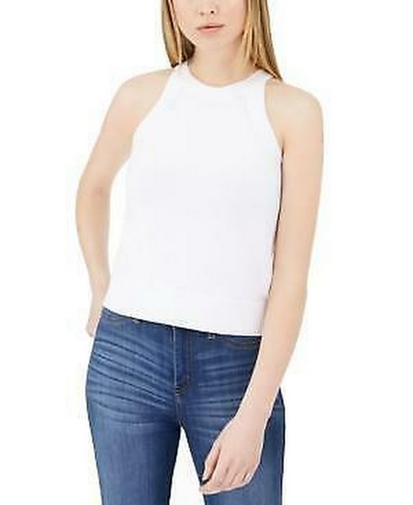 Women's white sleeveless crew-neck sweater top with small logo at hem