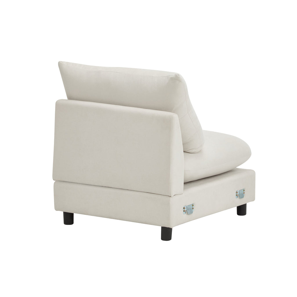 White modular chaise section with armrest and upholstered side detailing