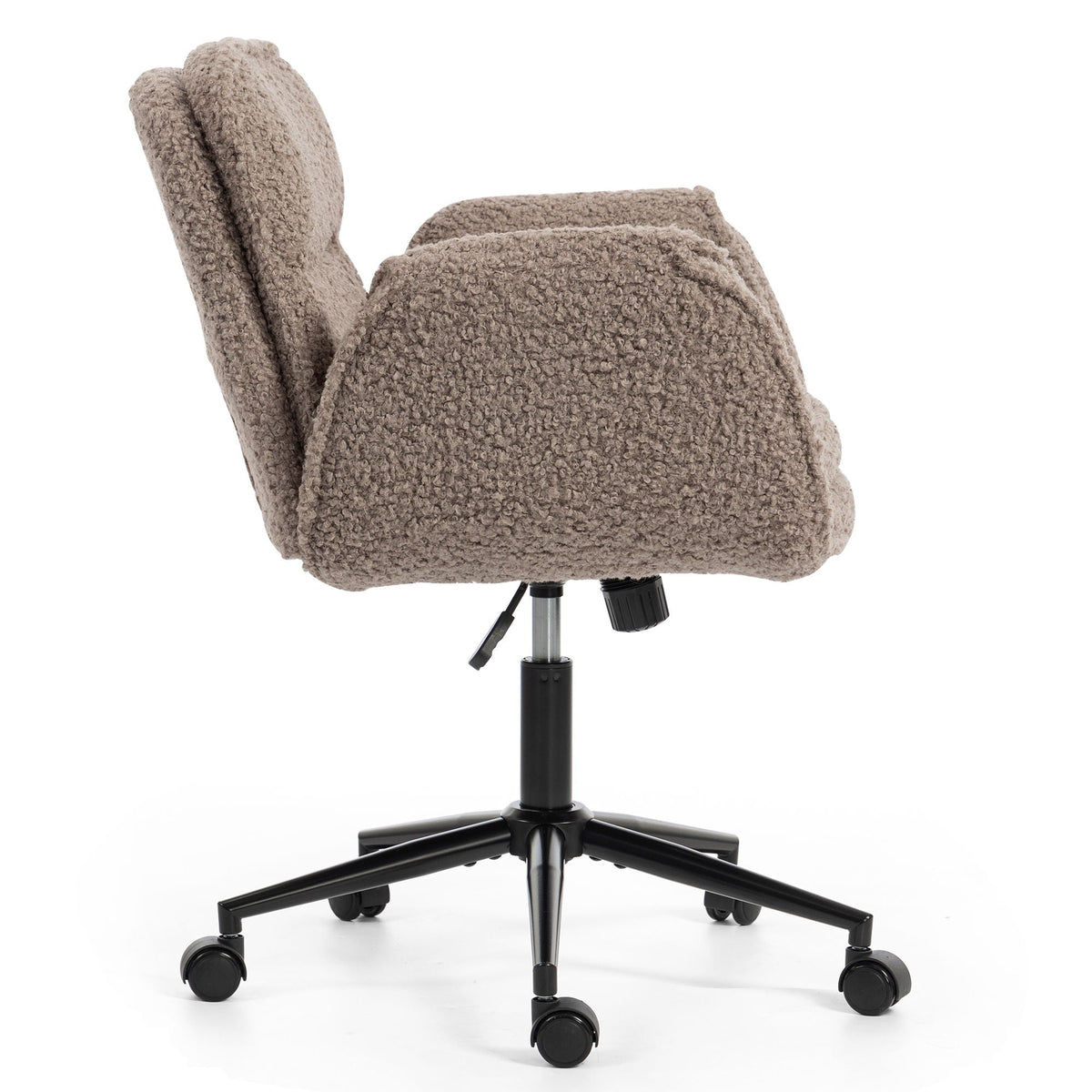 Brown swivel desk chair with adjustable armrests, textured fabric seat, and wheels