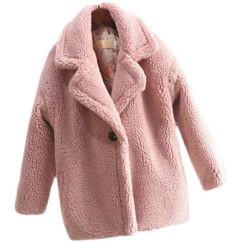 Girls' light pink sherpa coat with hood, button front, long sleeves