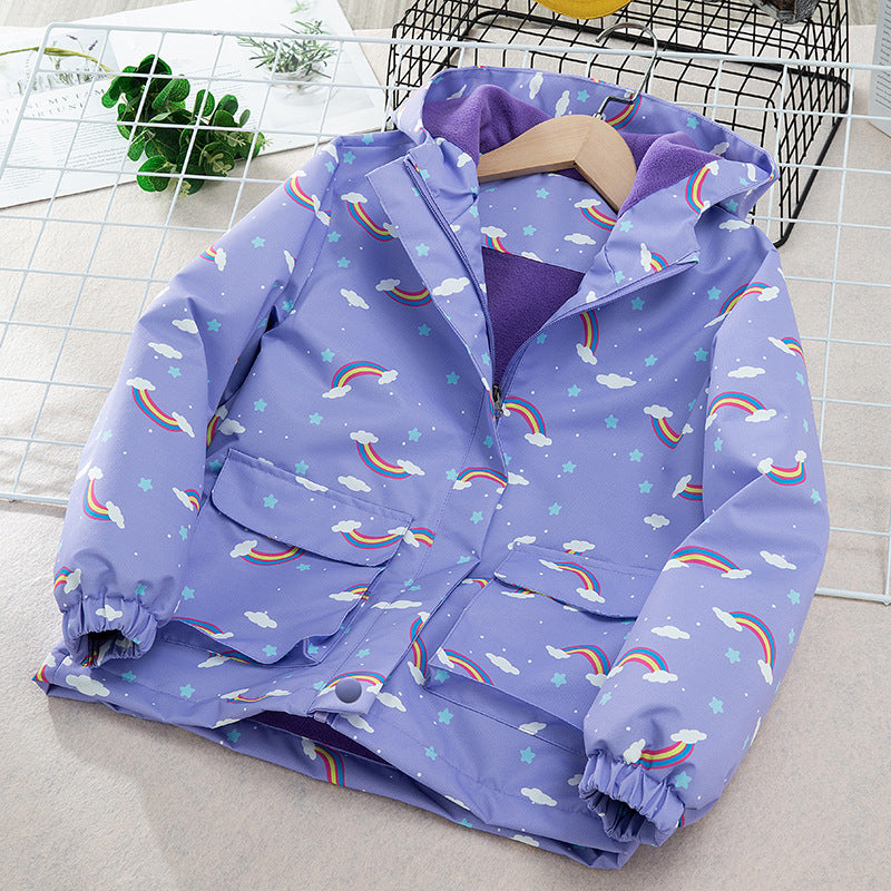 Kids waterproof hooded jacket, purple with rainbow cloud pattern, zip front and elastic cuffs.