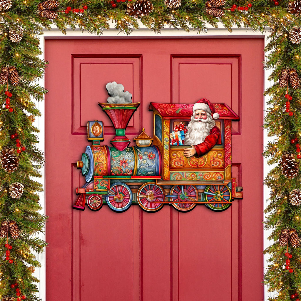 Colorful Santa train door decoration with snowman in a smokestack and toy wheels