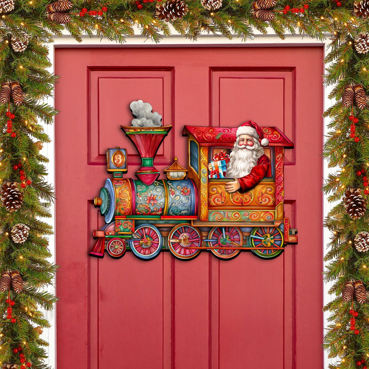 Colorful Santa train door decoration with snowman in a smokestack and toy wheels