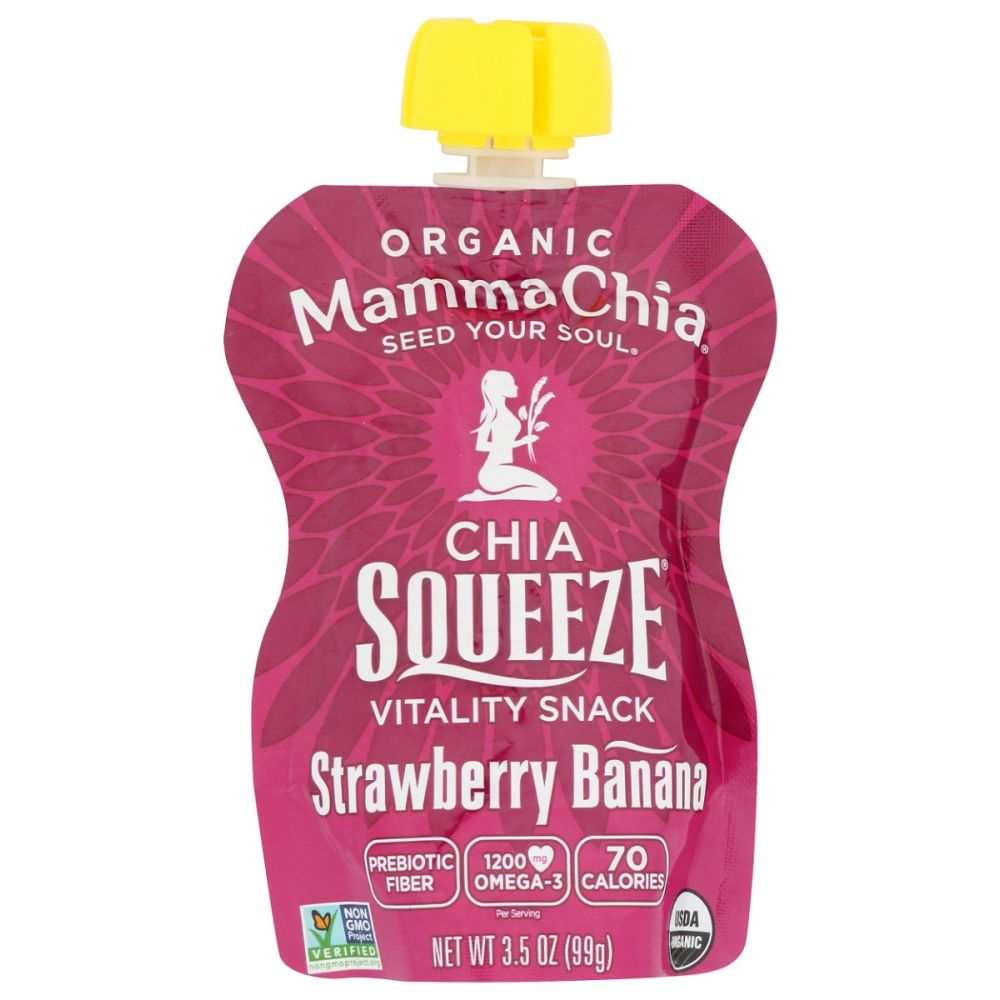 Organic chia vitality snack pouch, maroon purple with yellow flip-top cap, strawberry banana