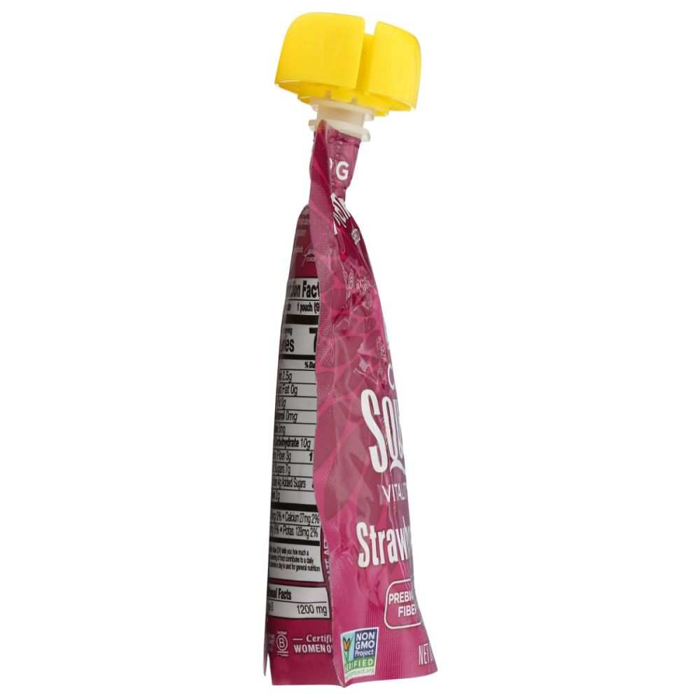 Maroon purple chia squeeze snack pouch with yellow flip-top cap, strawberry banana flavor