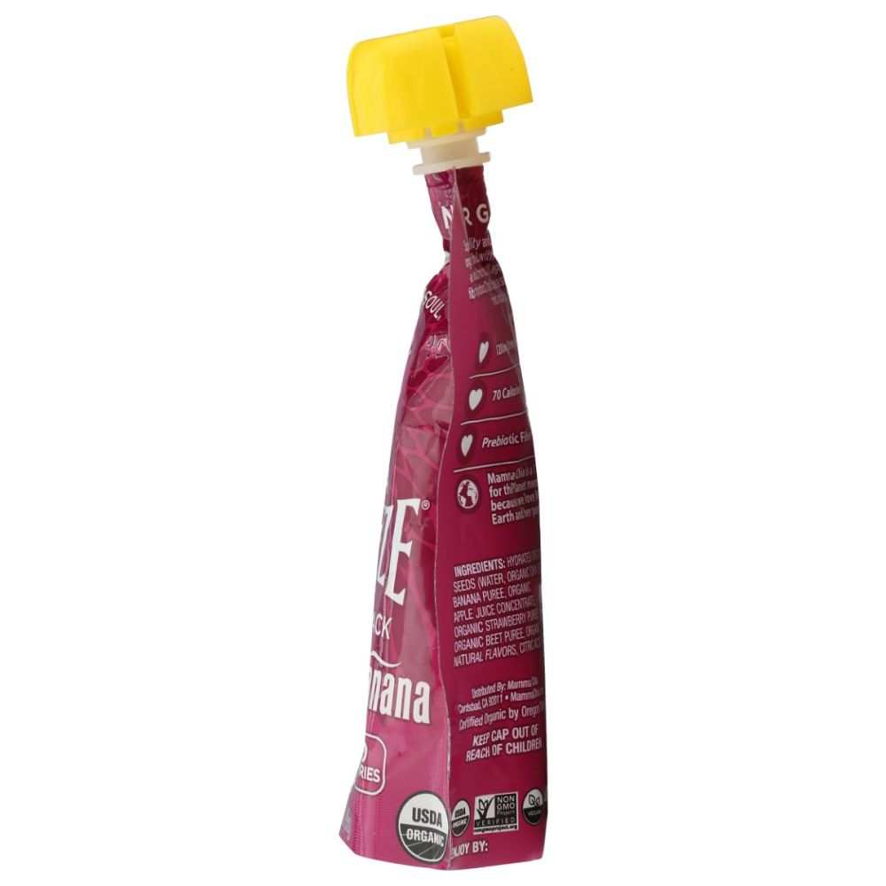 Maroon purple chia squeeze pouch with yellow flip-top cap, ingredient text on side