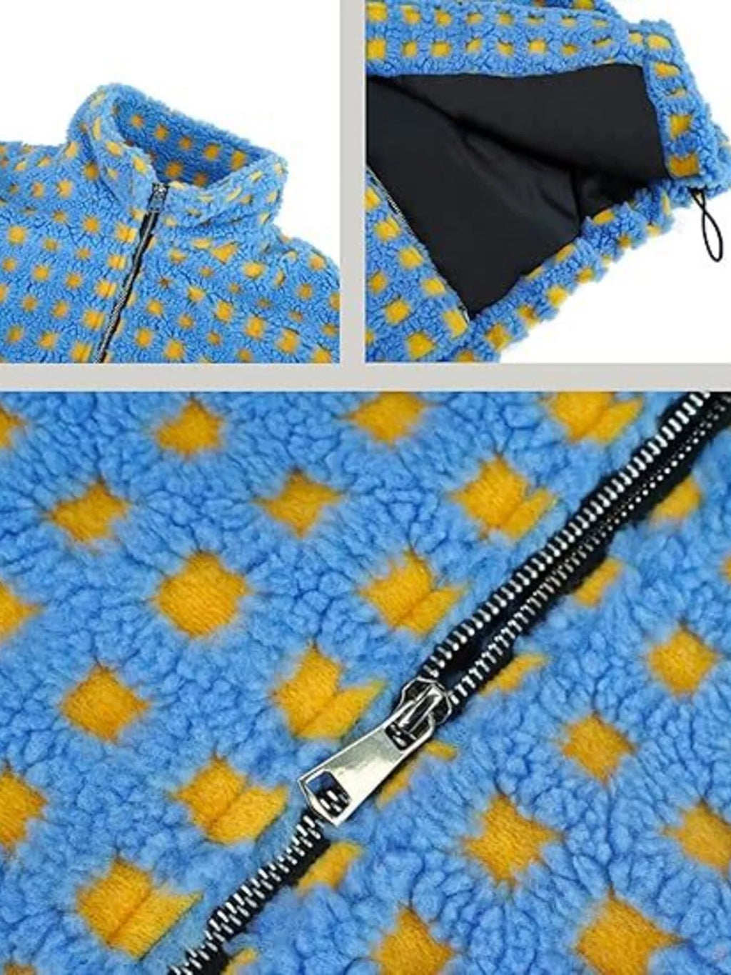 Plaid sherpa jacket close-up: hood lining and metal zipper on blue/yellow grid
