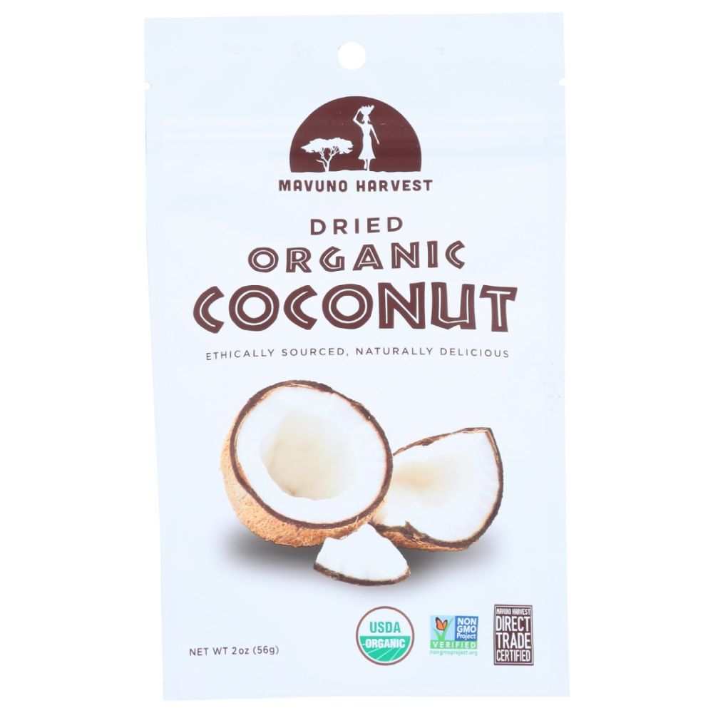 MAVUNO HARVEST dried organic coconut snack bag with coconut halves graphic