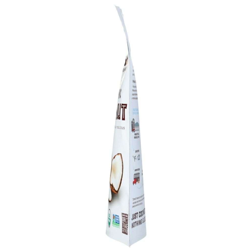 Dried organic coconut snack bag side panel with product label and icons