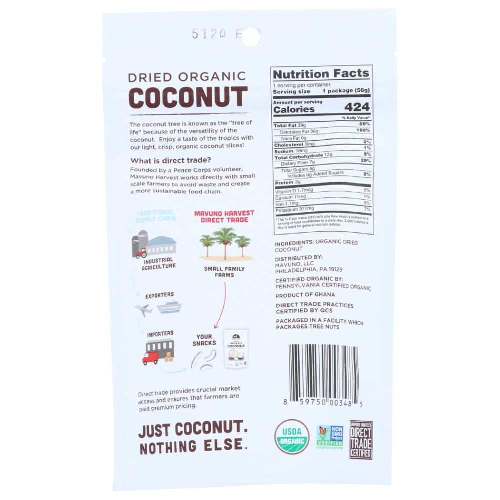 Dried organic coconut snack bag back with Nutrition Facts and ingredient panel