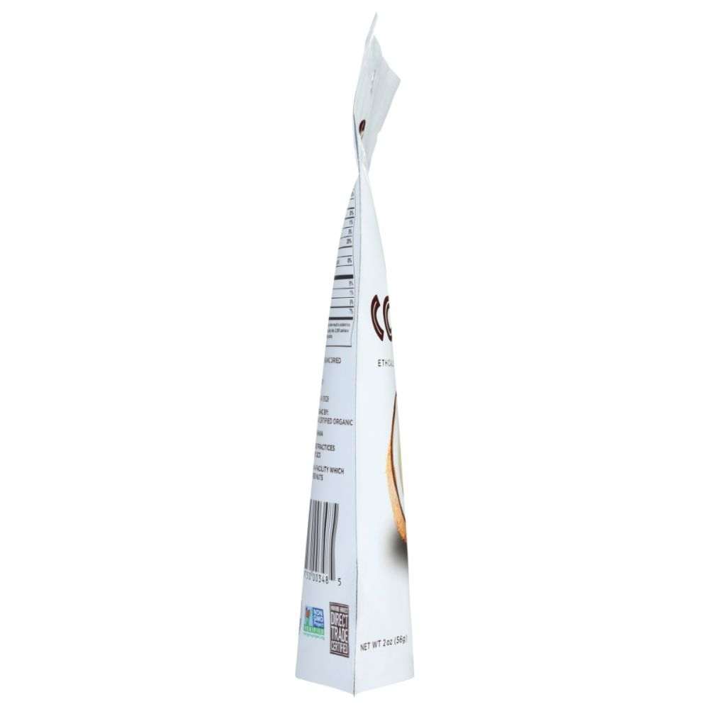 Dried organic coconut snack bag with barcode and label details on side