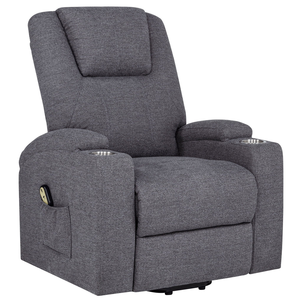 Grey upholstered power lift massage chair with reclined seat and footrest, arm controls