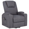 Grey upholstered power lift massage chair with reclined seat and footrest, arm controls