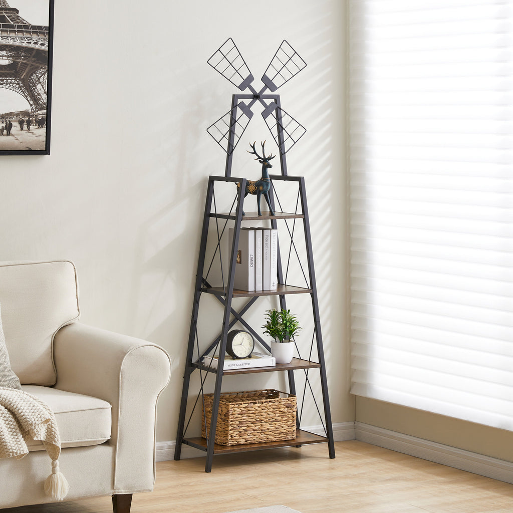 Narrow 4-tier bookcase with black metal frame and rustic brown shelves