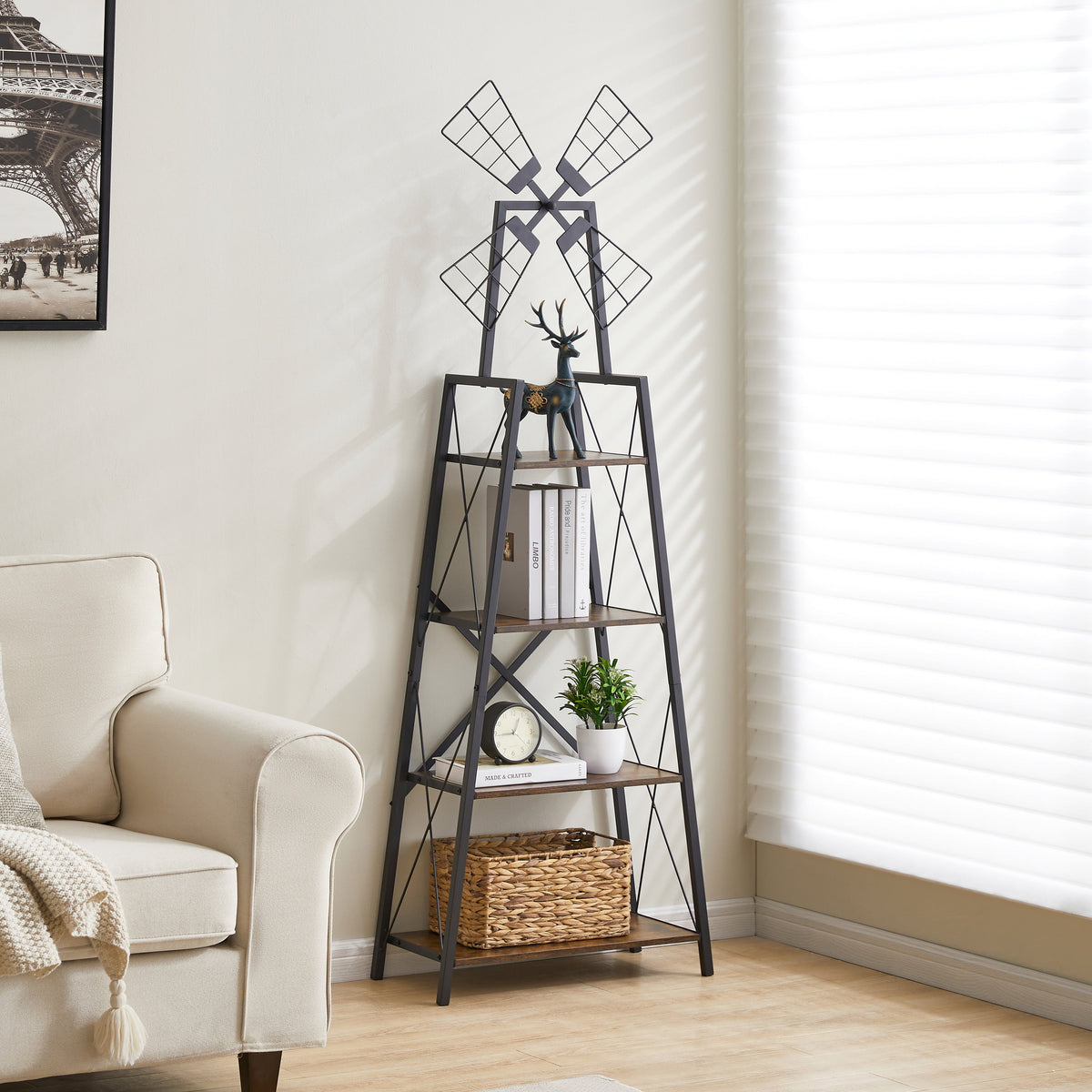 Narrow 4-tier bookcase with black metal frame and rustic brown shelves