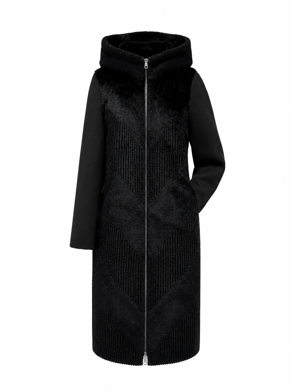 Black reversible faux fur & suede hooded coat with full-length front zipper