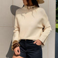 Women’s ribbed pullover sweater in cream, mock neck, long sleeves