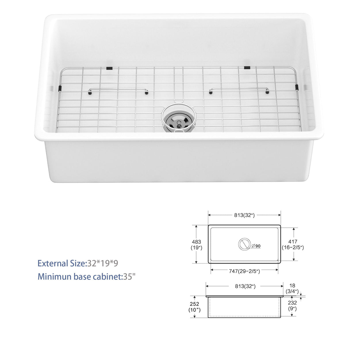 White single-bowl ceramic sink with bottom rack grid and center drain, shown with dimensions