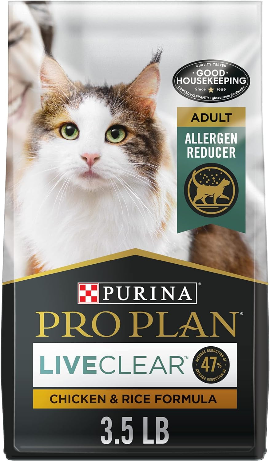 Purina Pro Plan LiveClear adult chicken and rice cat food bag, 3.5 lb, allergen reducer formula