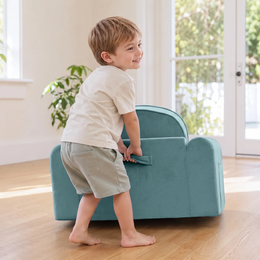 Teal kids sofa chair for toddlers with side handle cutout