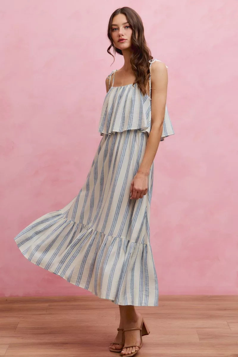Blue-and-white striped tiered midi dress with ruffle bodice and sleeveless tiered skirt