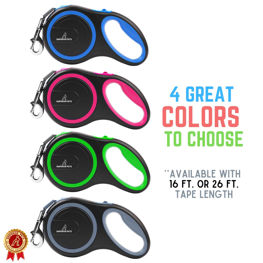 Retractable dog leashes shown in blue, pink, green, and gray